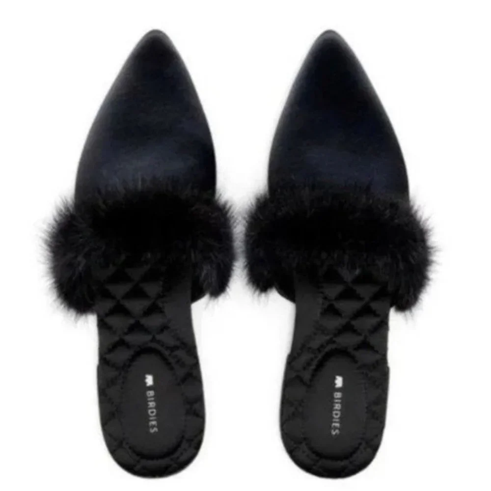 Birdies The Dove Onyx Womens Fur Pointed Toe Slip On Mules, Brand New In Box - Picture 1 of 5